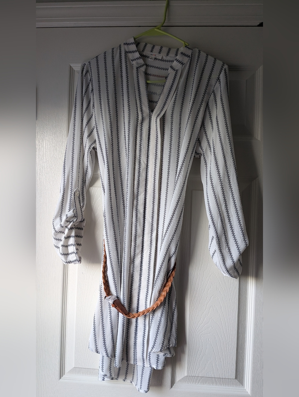 Mine White & Navy Striped Mini Shirt Dress with Braided Belt